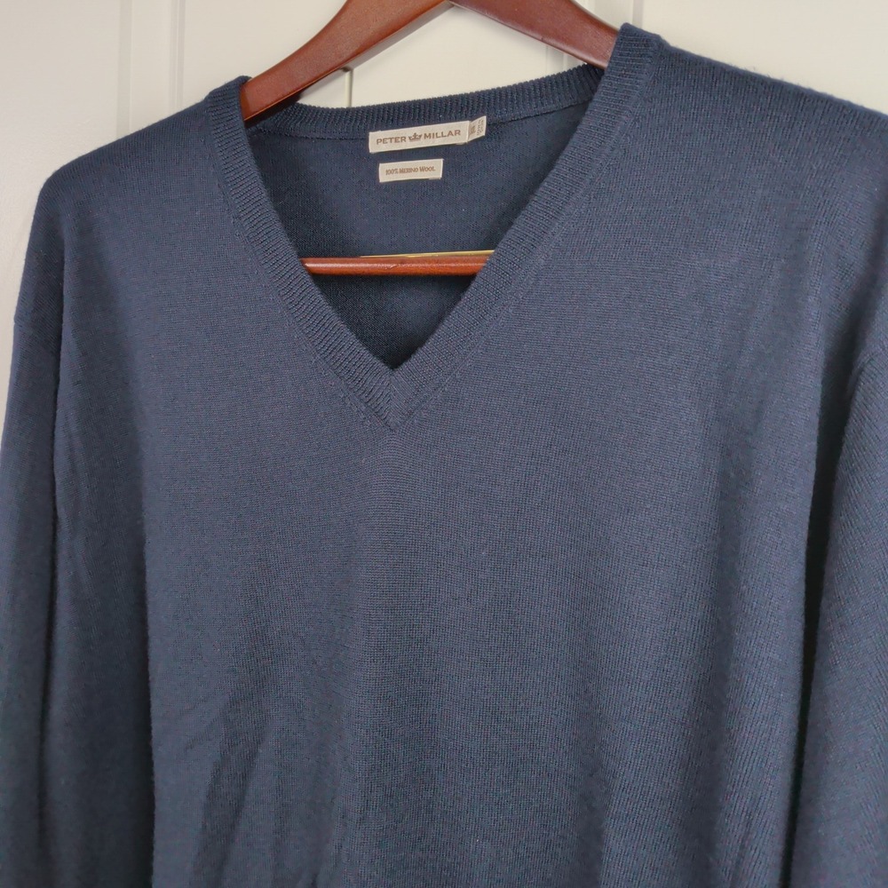 Peter Millar Sweater Mens XL Navy Blue 100% Merino Wool V Neck Golf Pullover